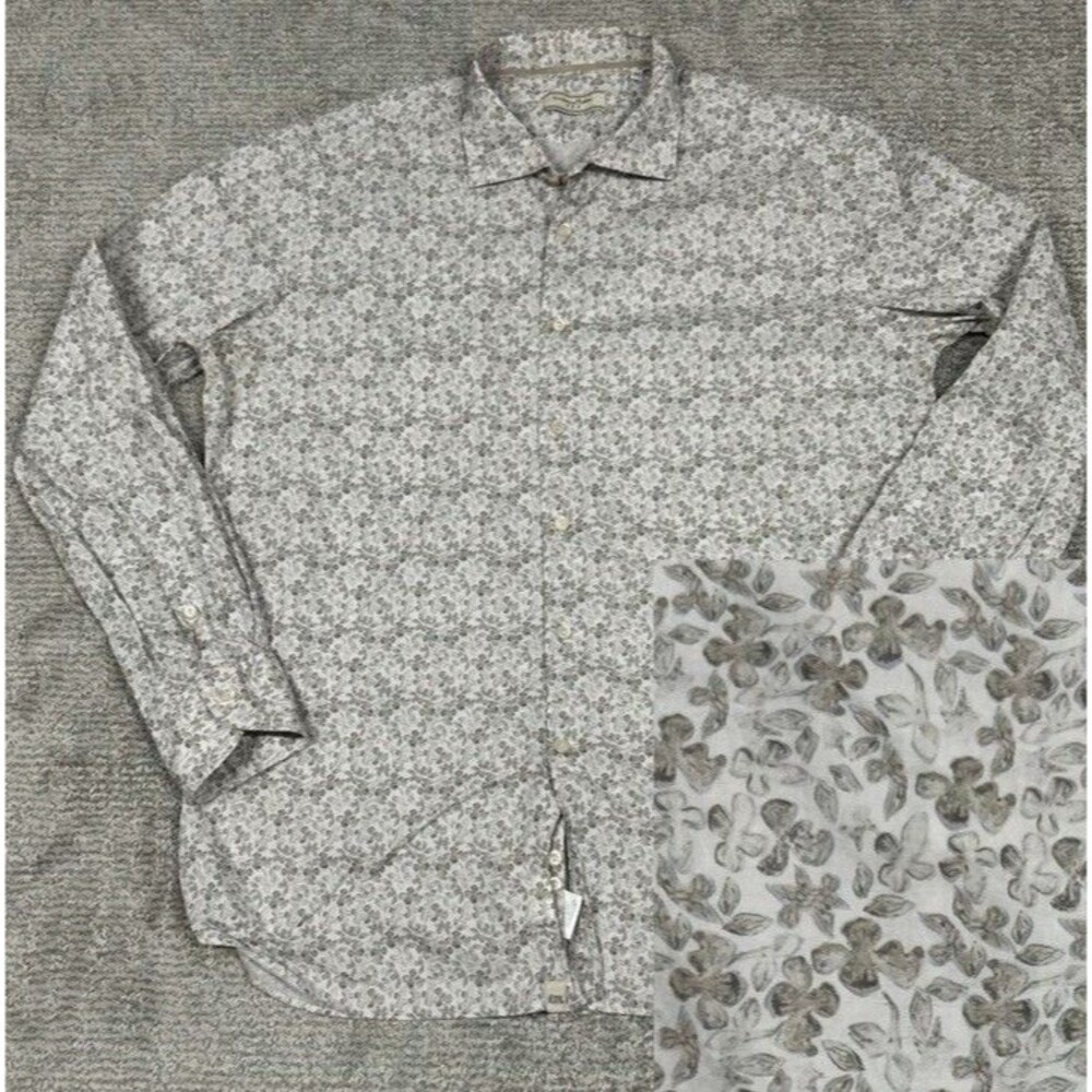 Tintoria Mattei 954 Shirt Mens 44 17.5 Button Front Beige Tan Floral Cotton